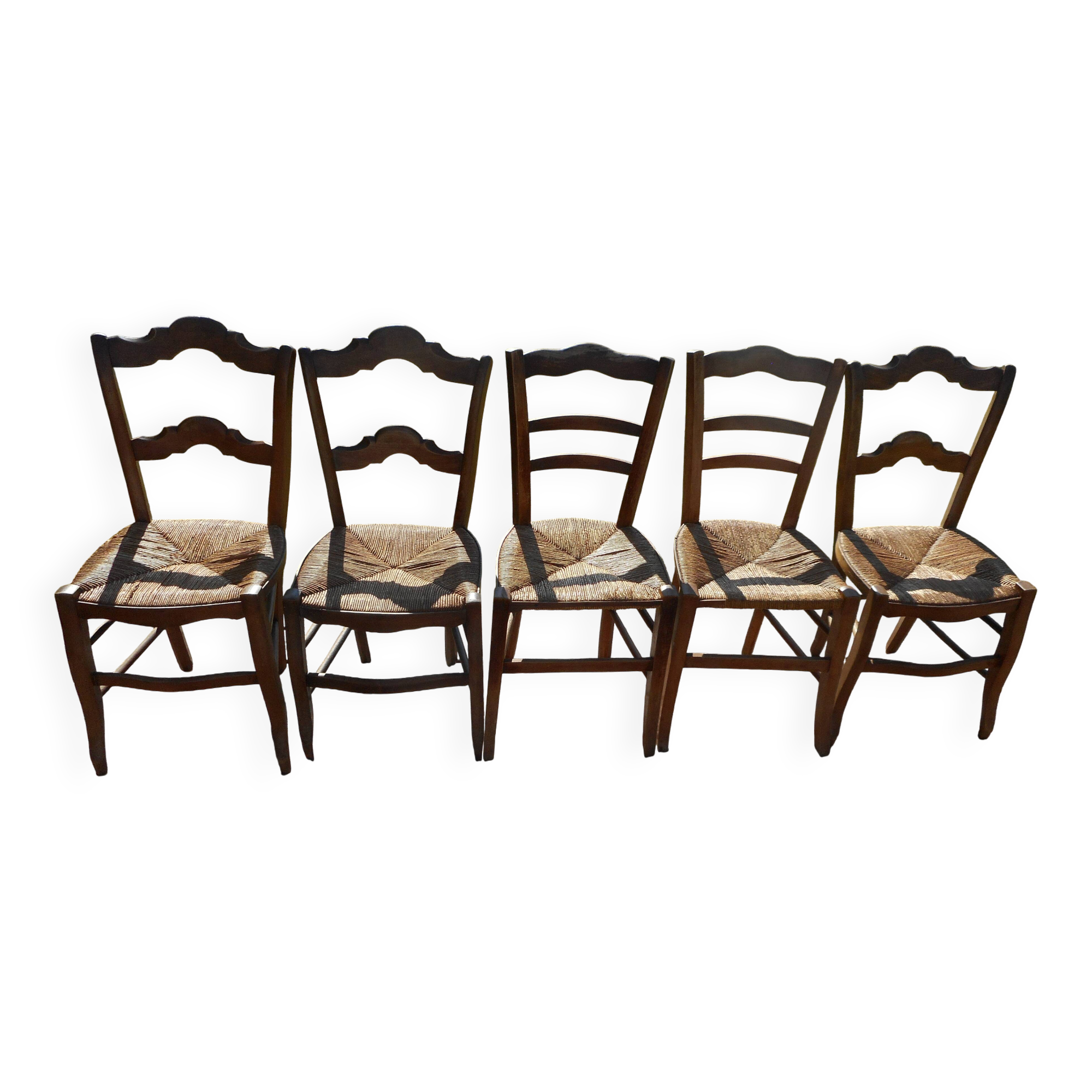 Set of 5 antique wooden chairs with straw seats