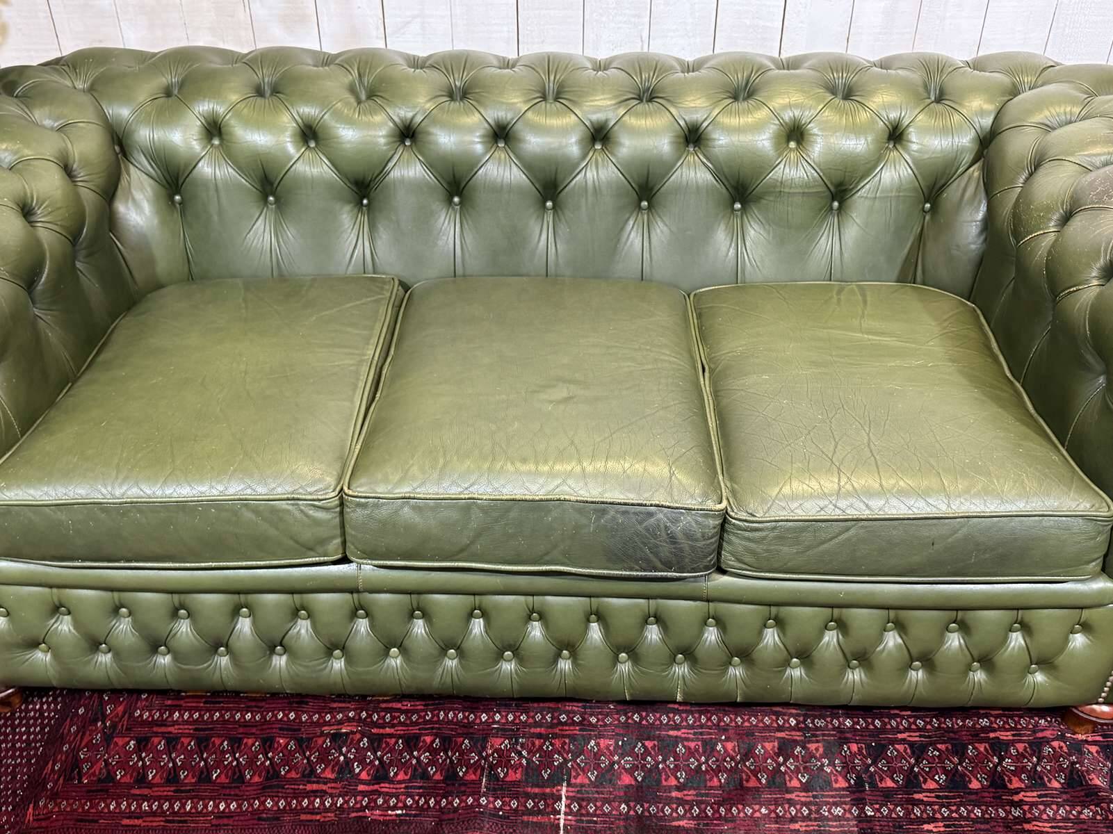 Chesterfield leather 3-seater sofa with mahogany legs - English craftsmanship