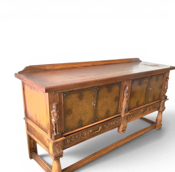 Meuble de rangement espagnol de Mechelen / panneaux recouverts de cuir avec clous décorés / années 1960