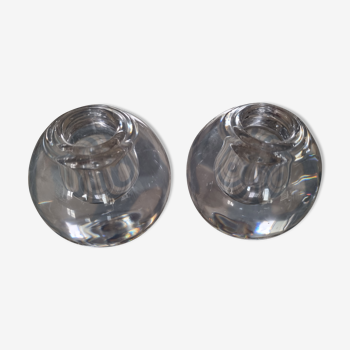 Pair of spherical glass candle holders & candles