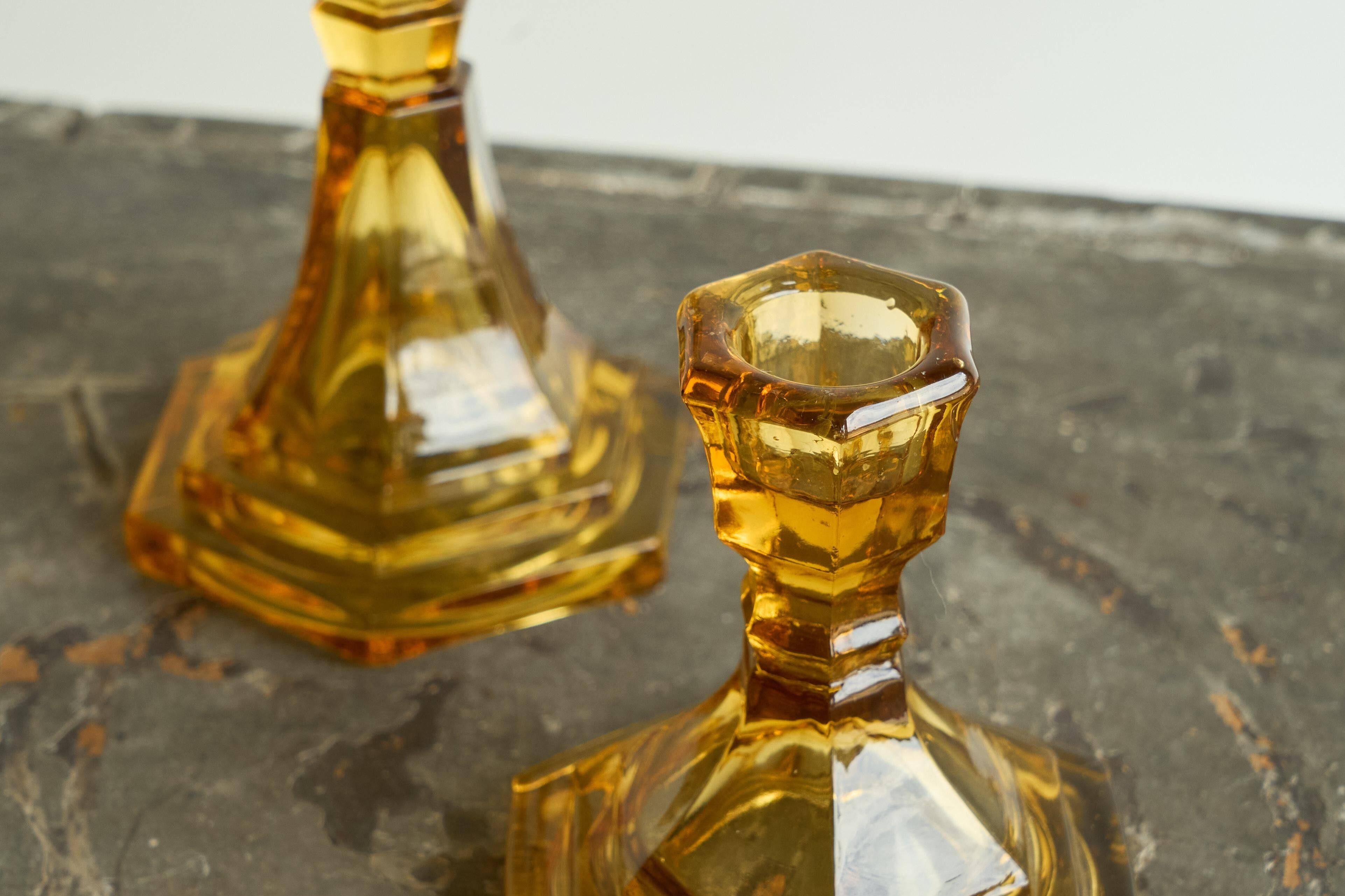 Pair of Art Deco candlesticks in pressed glass from the 1930s.