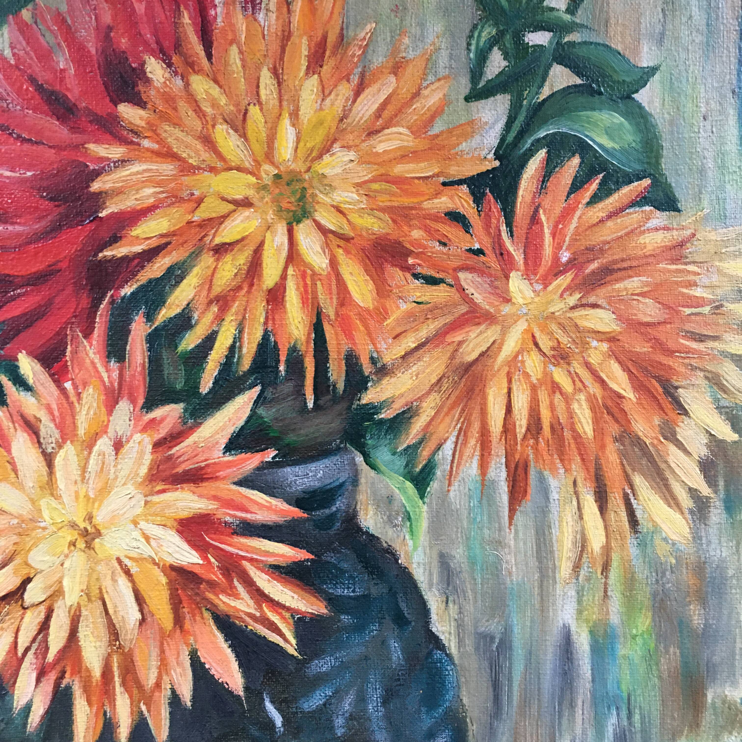 Old painting bouquet of dahlias