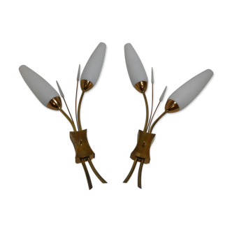 Pair of double tulip wall light straps opalines vintage