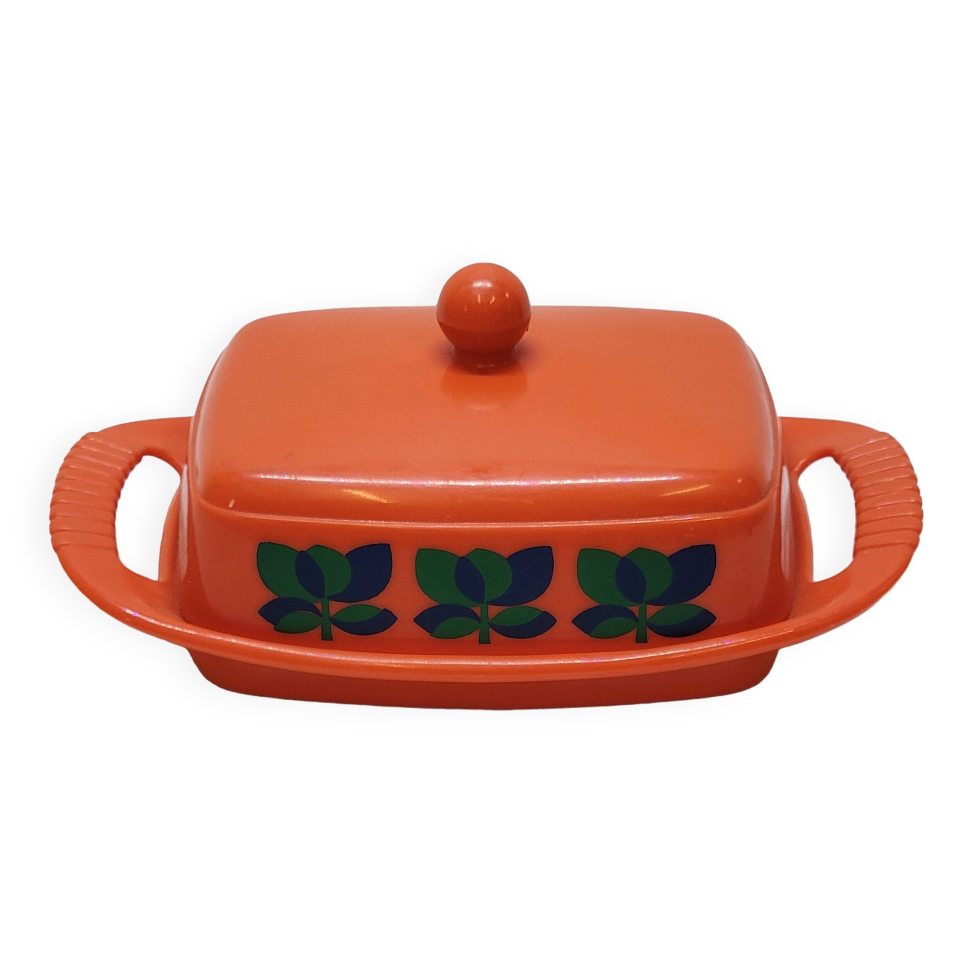 Emsa butter dish in orange plastic and vintage flowers 1970s