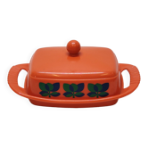 Emsa butter dish in orange plastic and vintage flowers 1970s