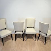 Art Deco Chairs in Black Lacquer in Cream Velour, France, 1930s, Set of 8