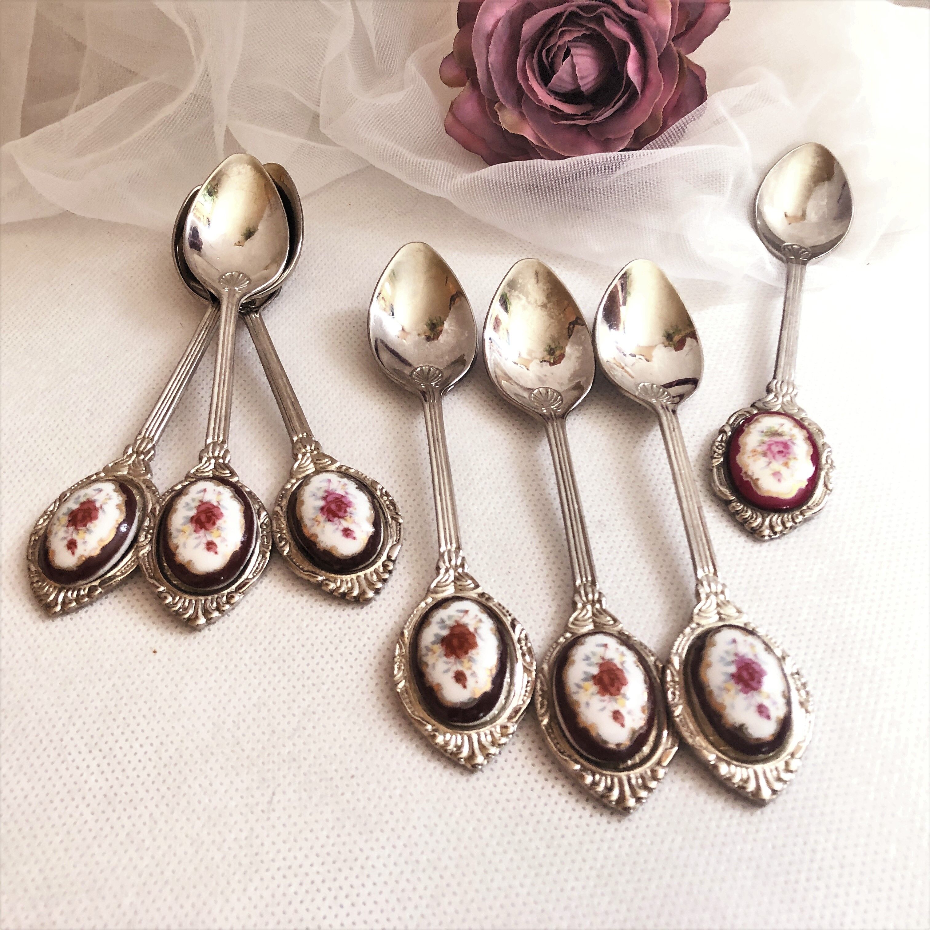 Set of 7 small dessert spoon or coffee with porcelain cabochon
