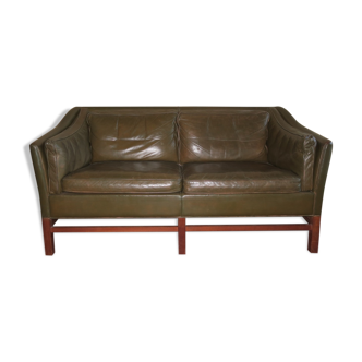 Leather teak frame 2-seater sofa by Grant in dark olive green Danish 1960s