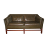Leather teak frame 2-seater sofa by Grant in dark olive green Danish 1960s