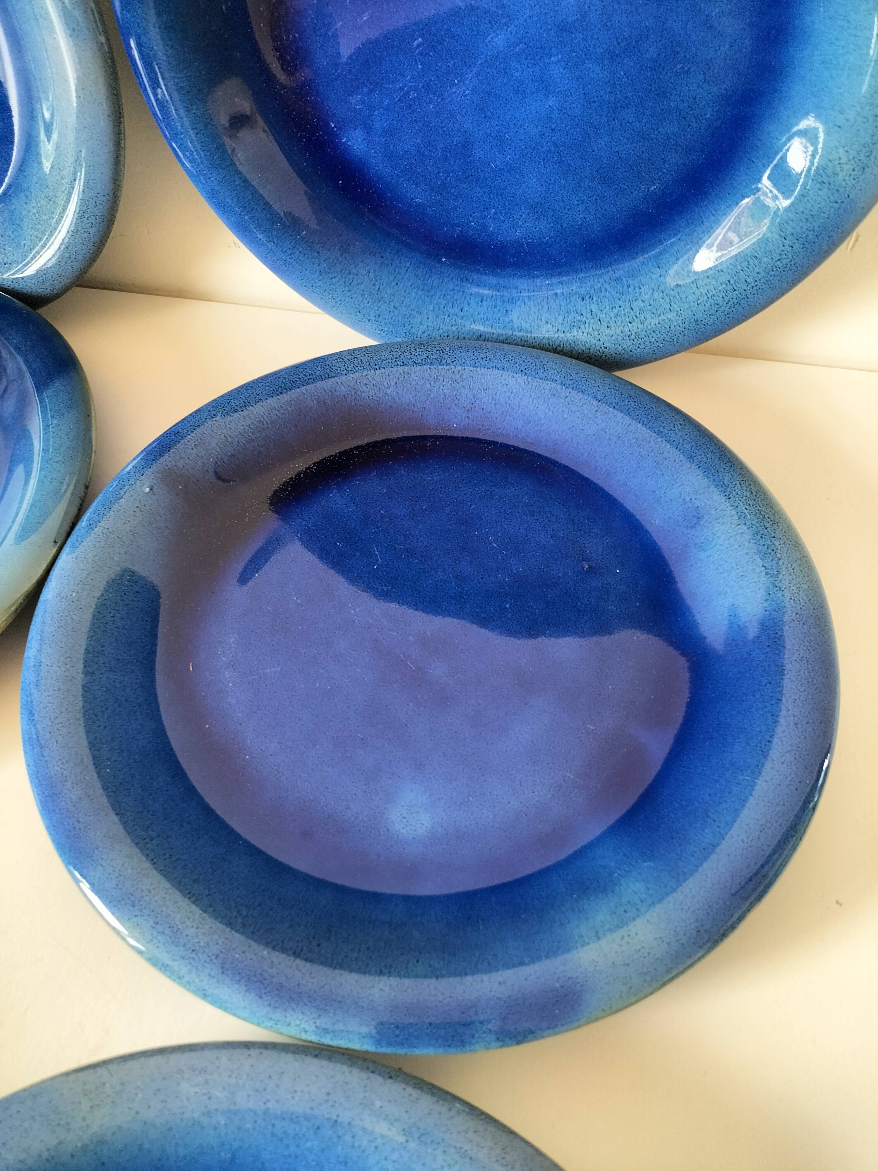 6 assiettes en grès émaillé – bleu cobalt & turquoise