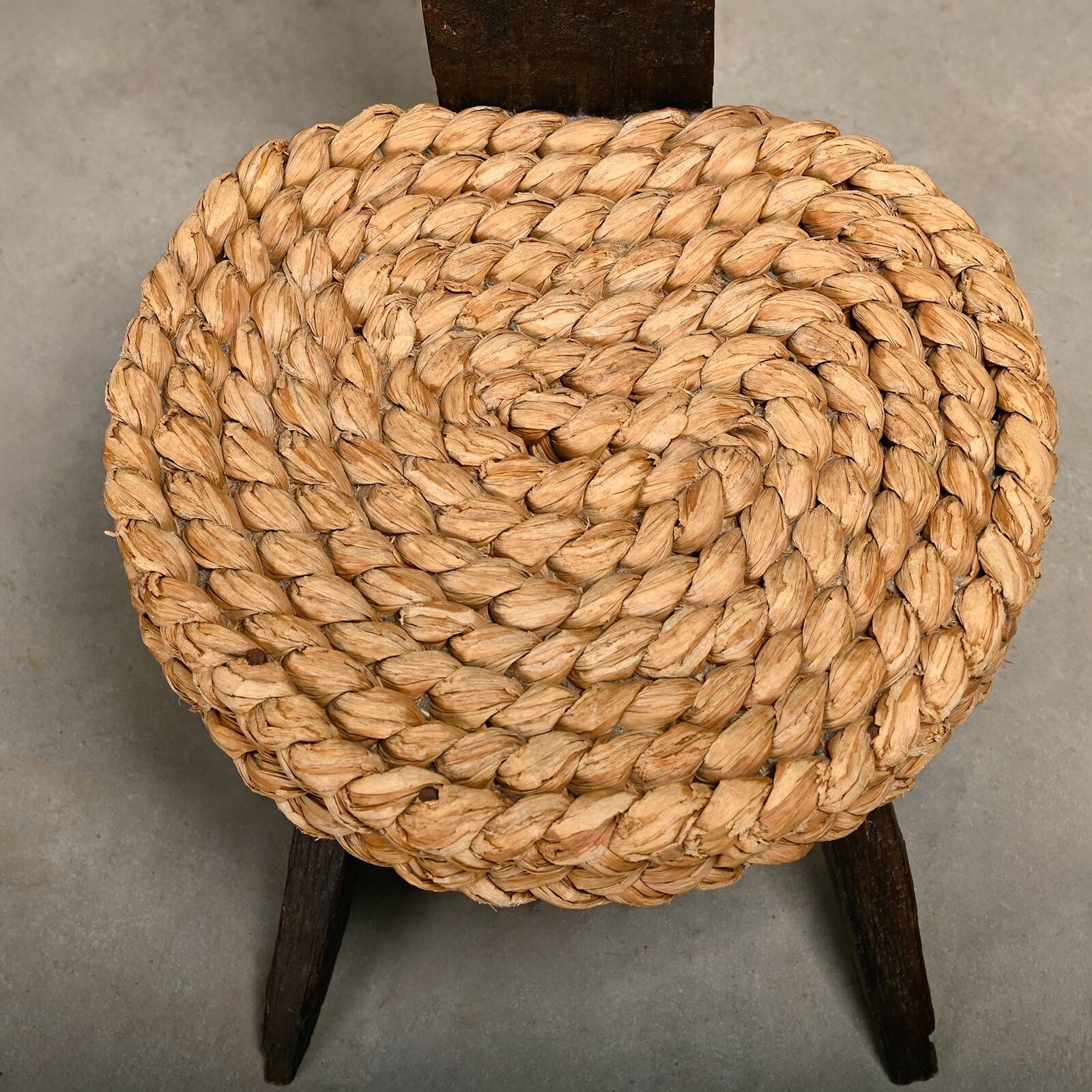 Fireplace Stool in Oak and Straw, France 1950s