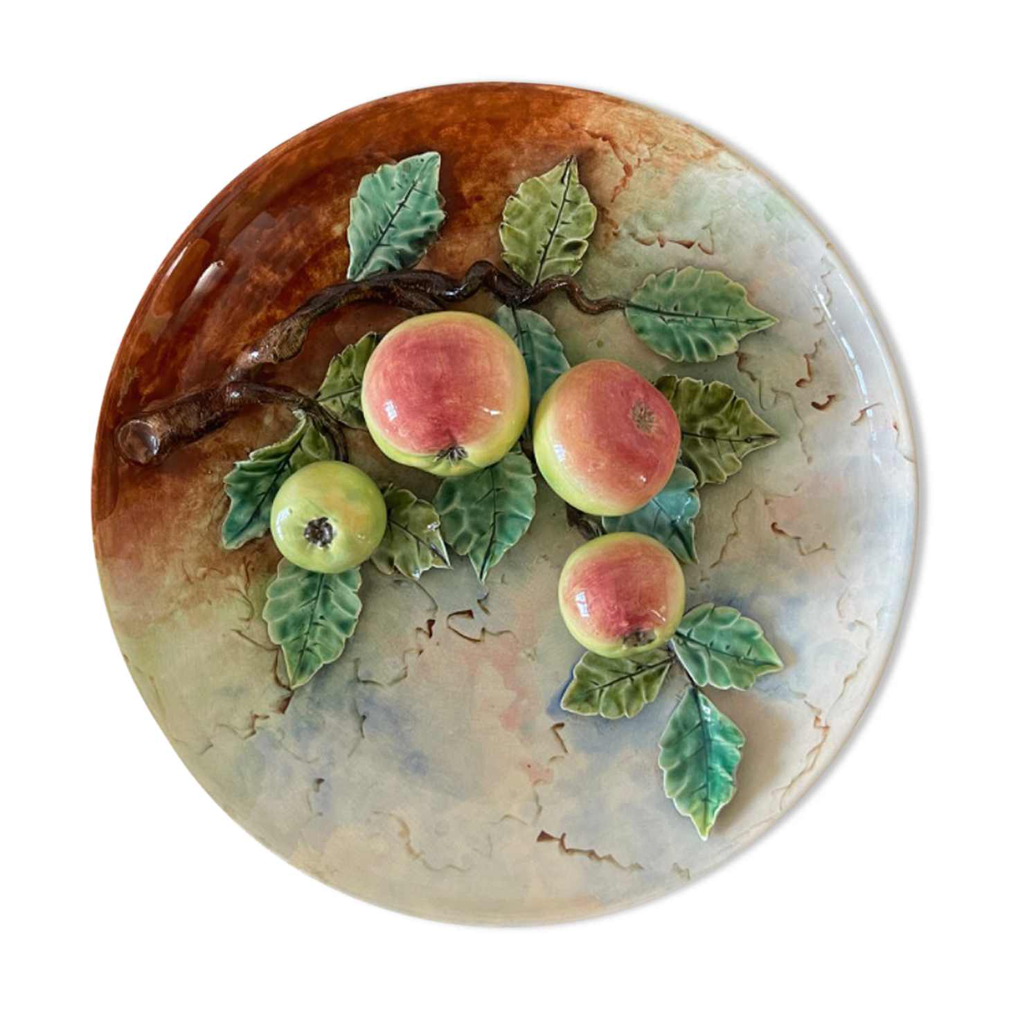Ceramic flat polychrome slip circa 1900 decorated with apple trees