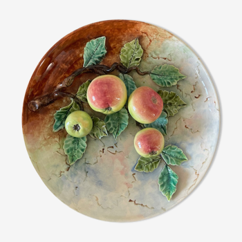 Ceramic flat polychrome slip circa 1900 decorated with apple trees
