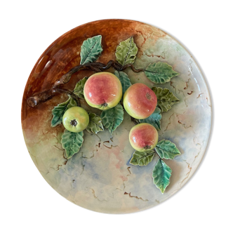 Ceramic flat polychrome slip circa 1900 decorated with apple trees