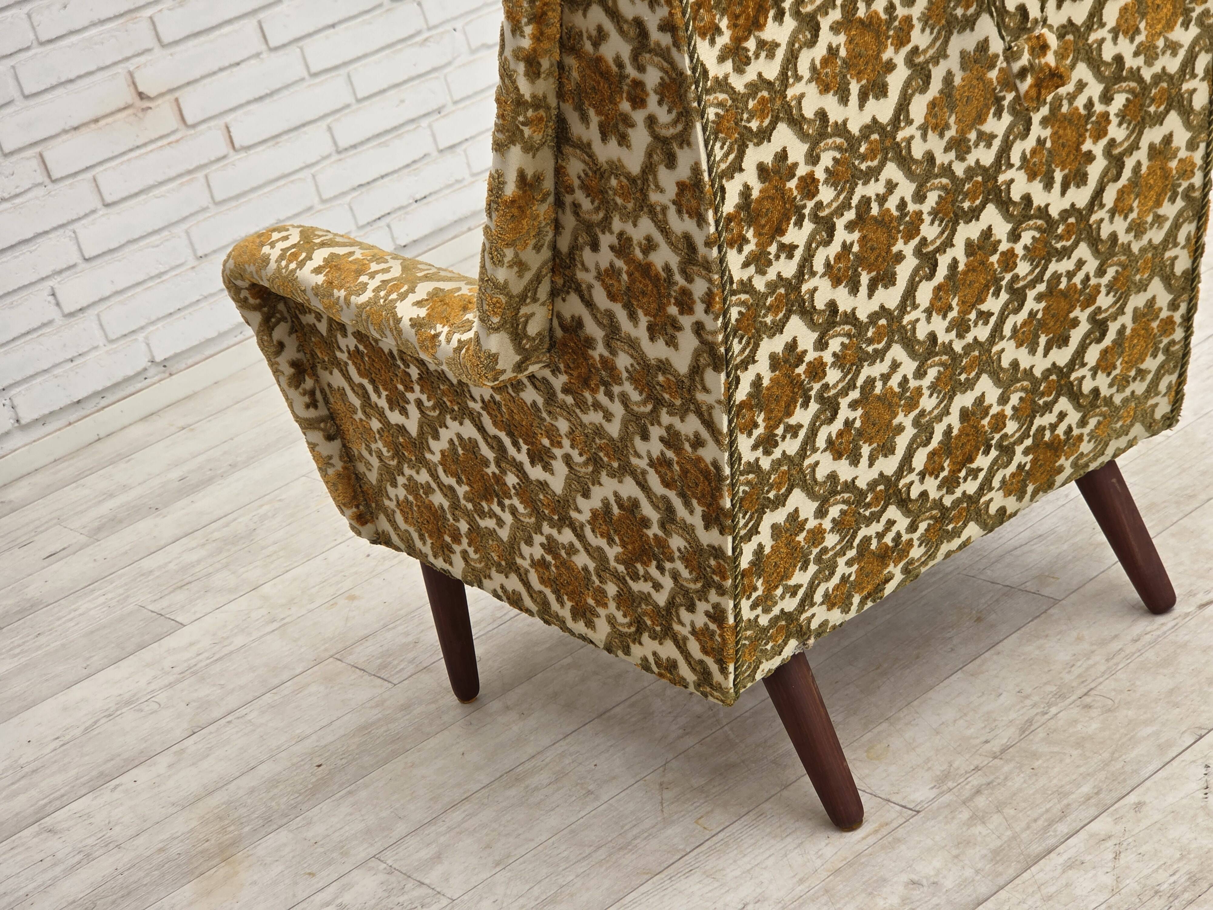 1970s, Danish highback armchair, Brown/beige furniture fabric, teak wood.