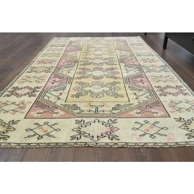 Vintage Turkish Oushak Handmade Wool Cotton Yellow Area Rug 119X210