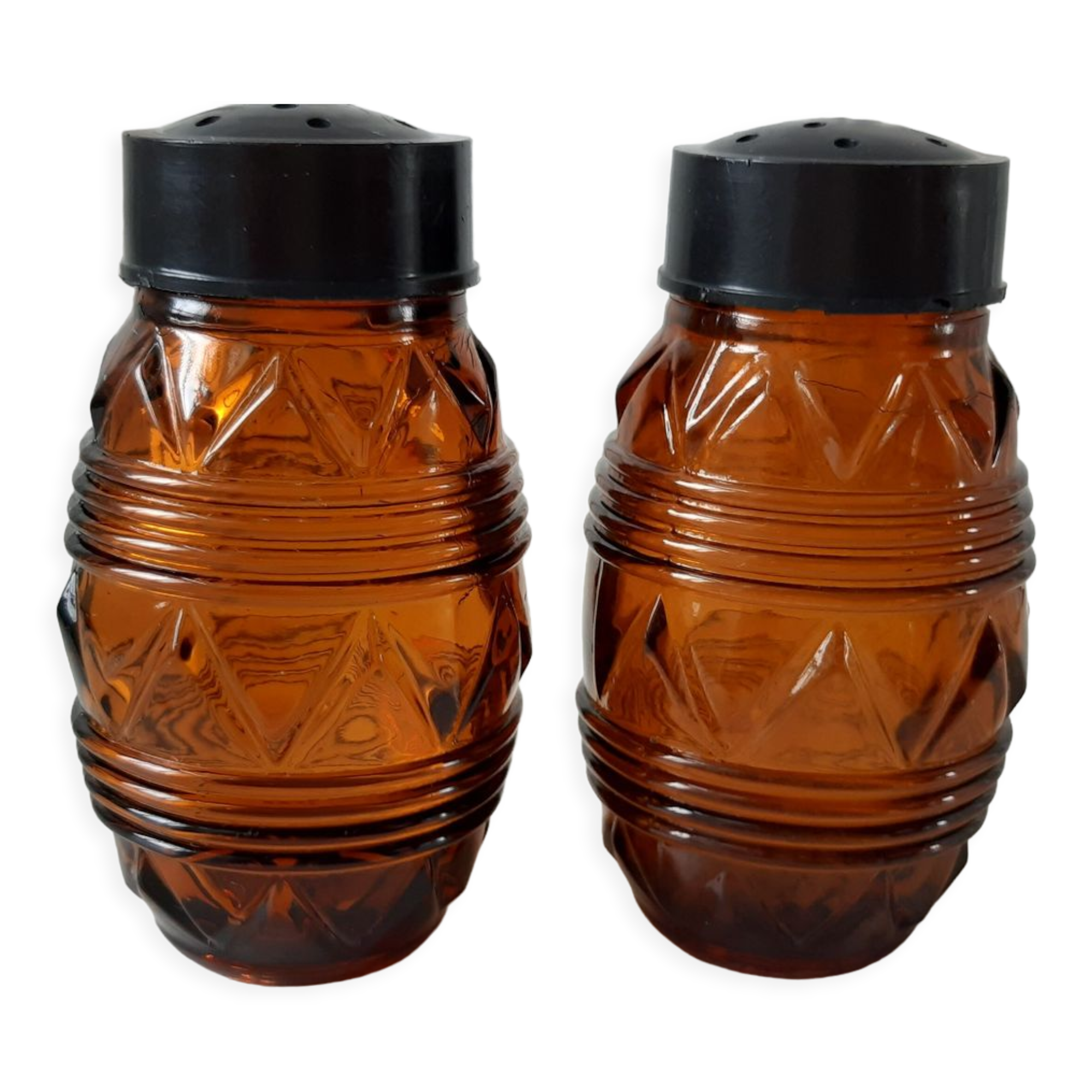 Duo of salt shaker, pepper in amber glass 70s