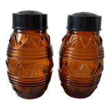 Duo of salt shaker, pepper in amber glass 70s