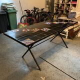Dining table with metal base in X and painted ceramic tile cladding, 50s.