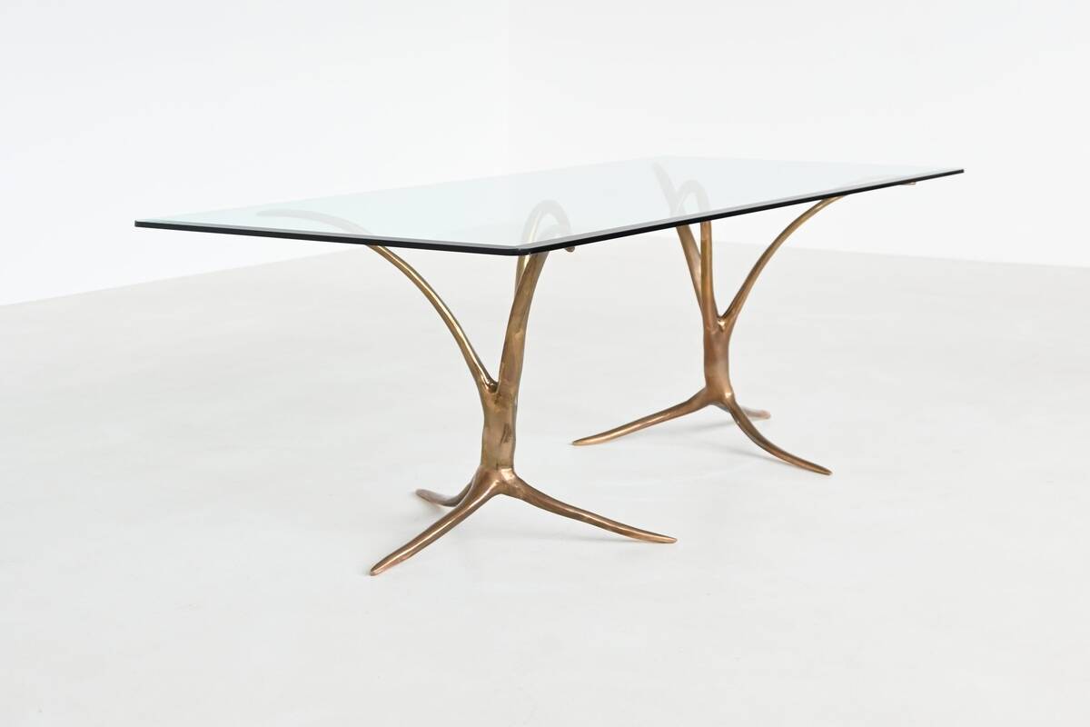 Unique sculptural dining table in bronze and glass, Belgium 1970.
