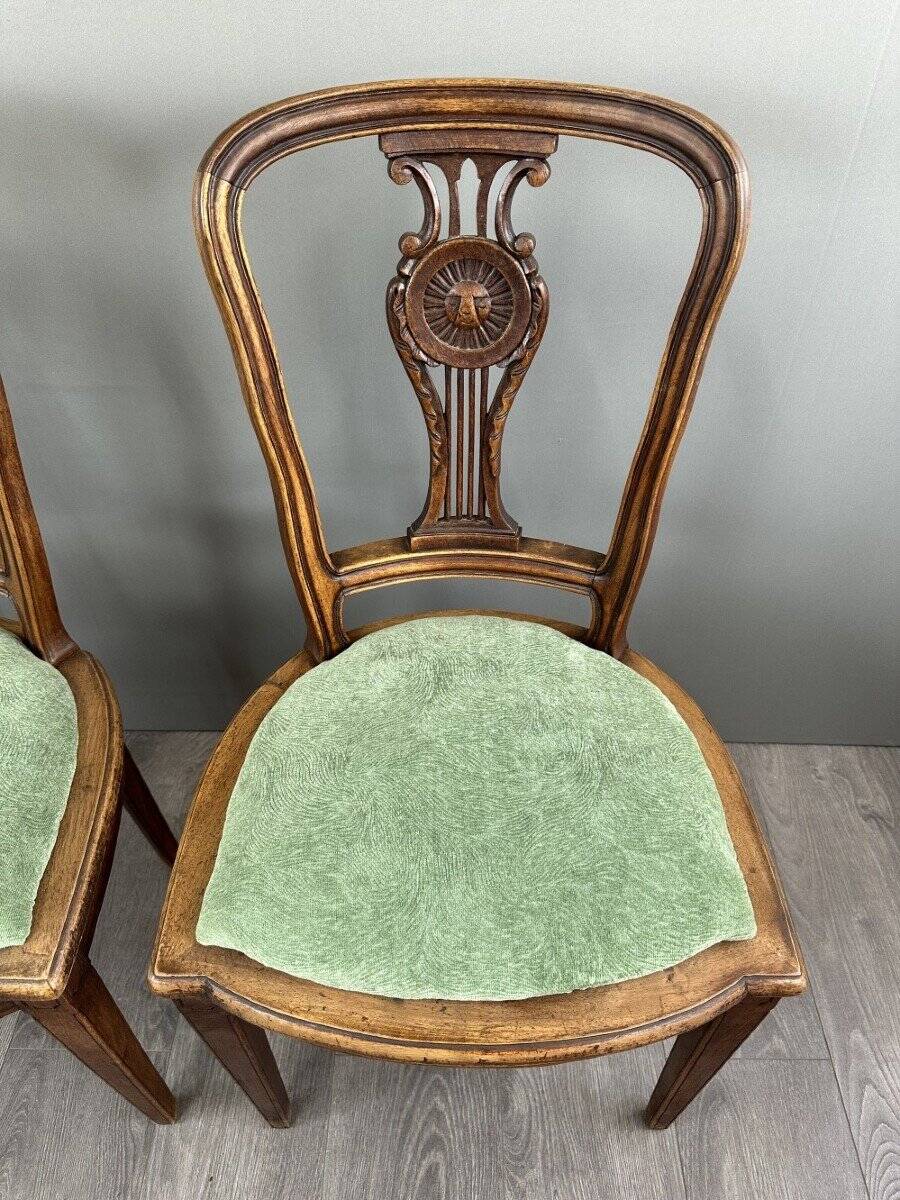 8 Vintage Wooden Chairs With Green Velvet Seat 20th Century