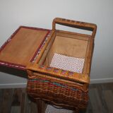 Furniture vintage 70 sewing basket in rattan and wicker