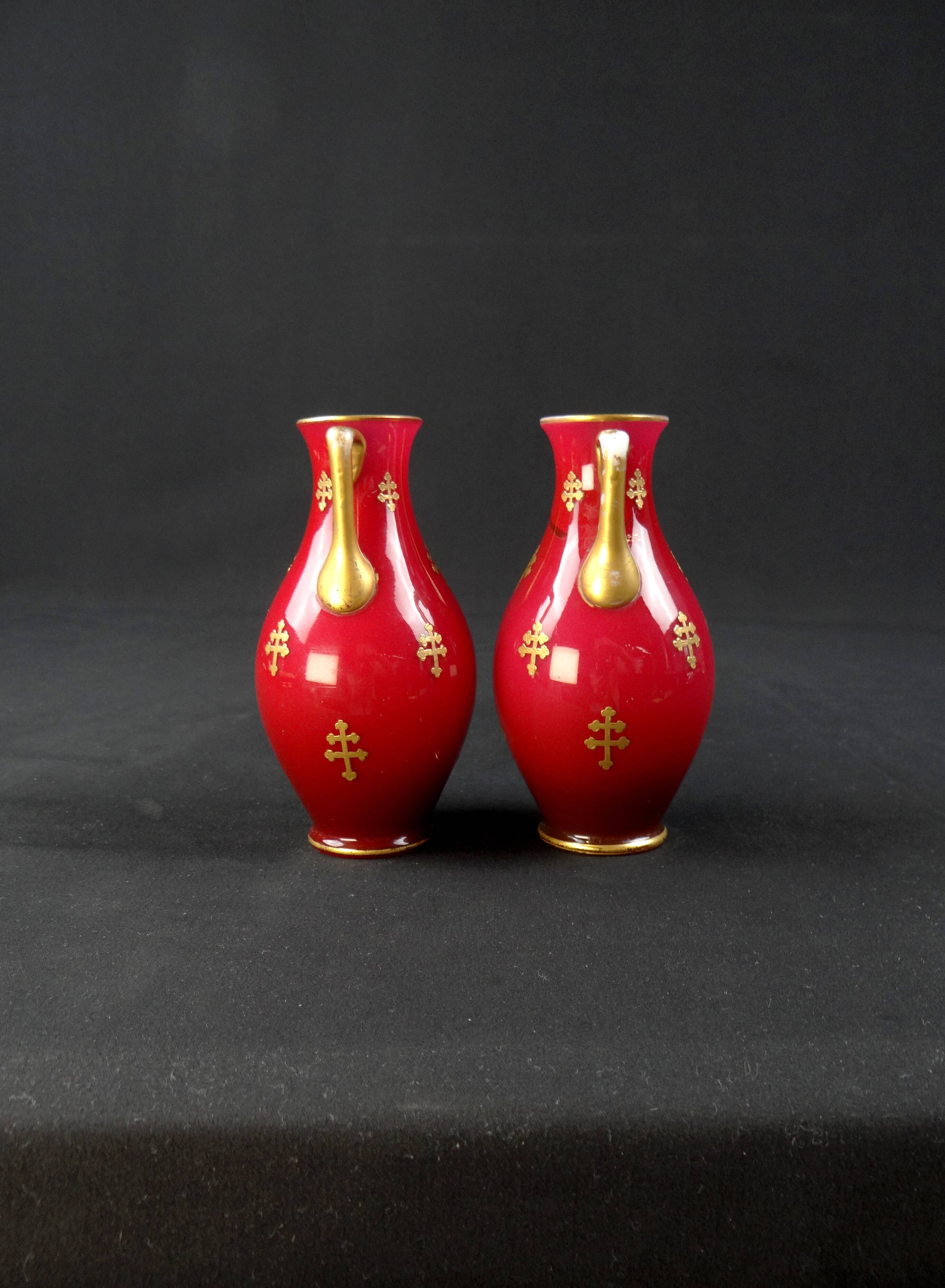 Pair of Baccarat crystal baluster vases decorated with a Lorraine cross