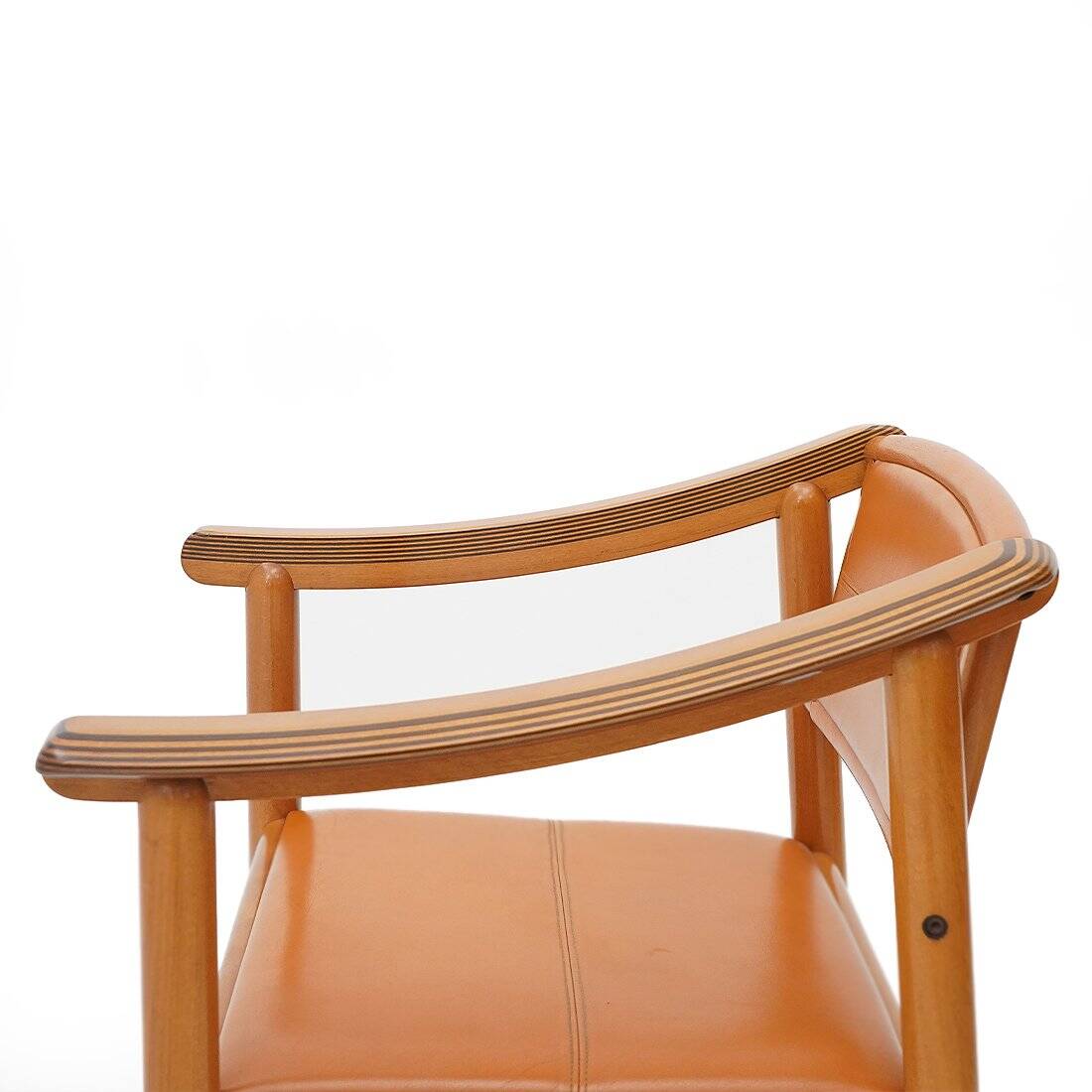 Wood and leather chairs, 1970s, set of 4