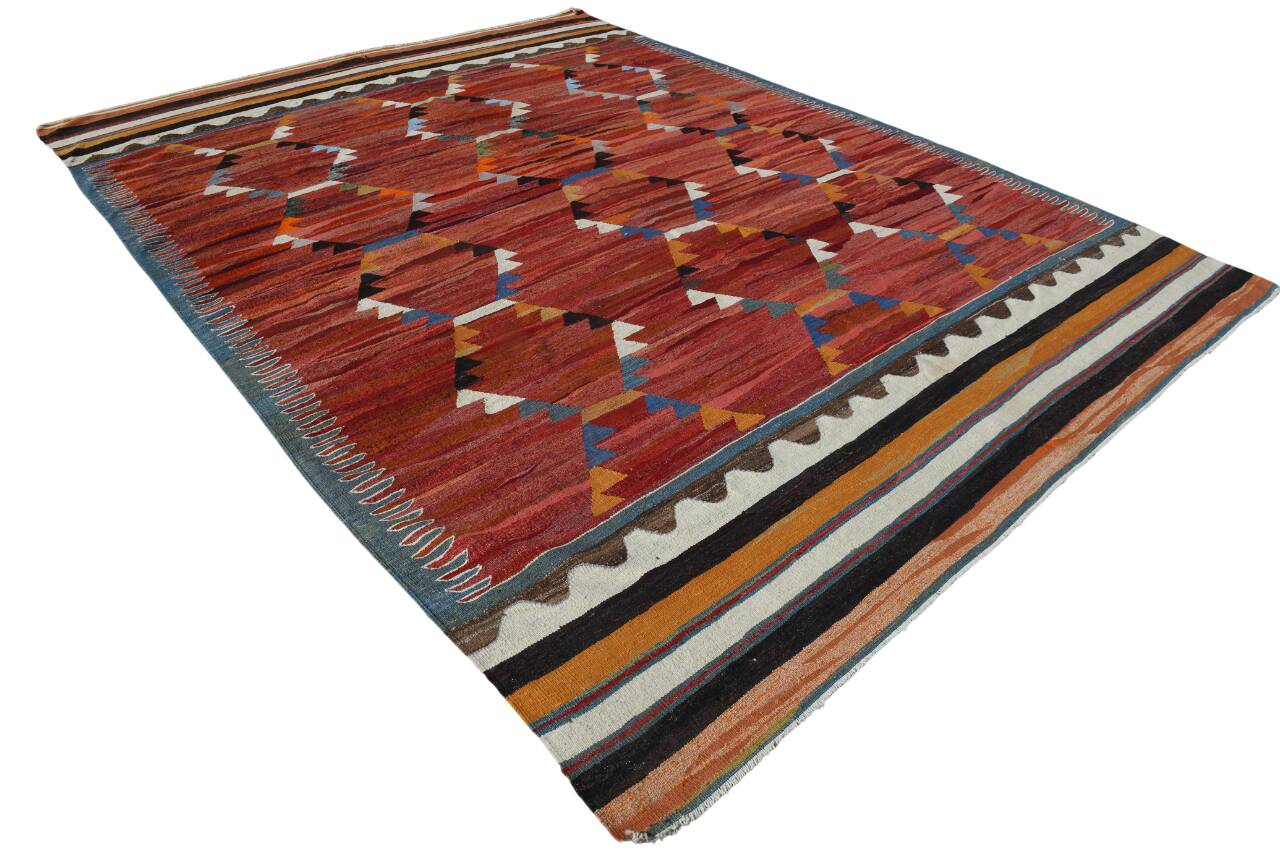 Turkish Wine Red Handmade Wool Kilim Rug, 312x407Cm