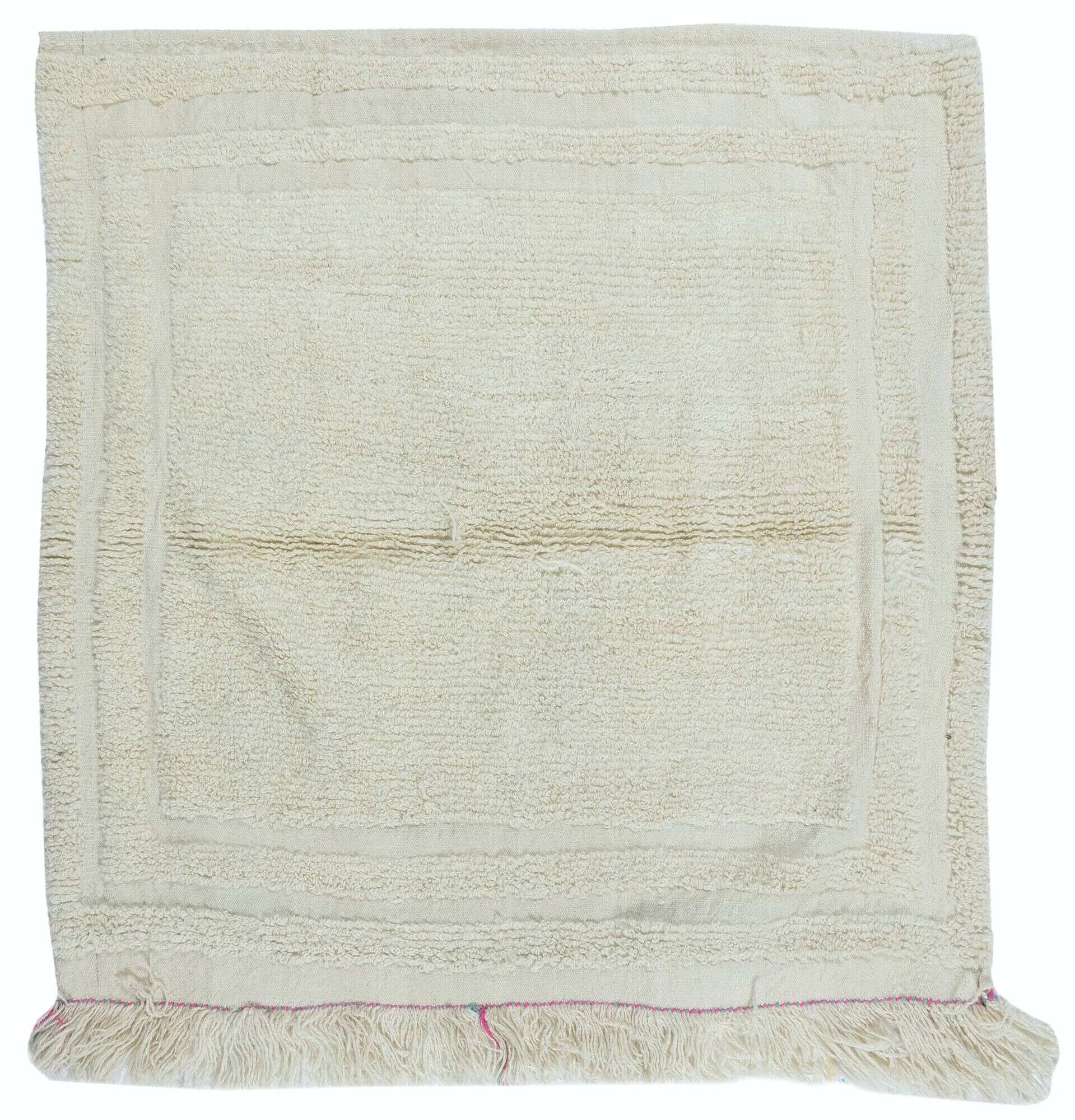 Vintage Minimalist Turkish Tulu Accent Rug Made of Natural Beige Wool