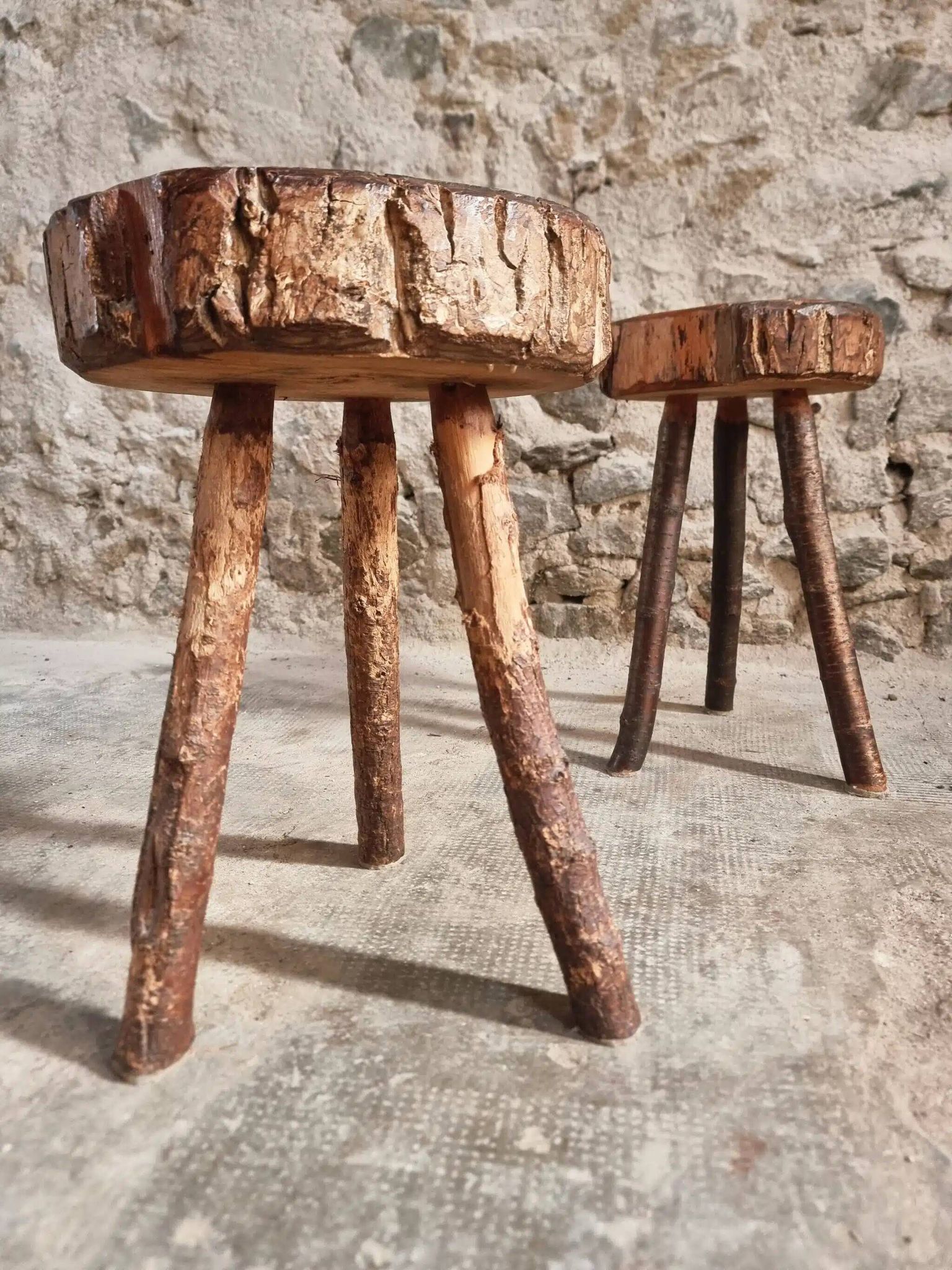 Vintage wooden tripod stools, set of 2, France 1960s