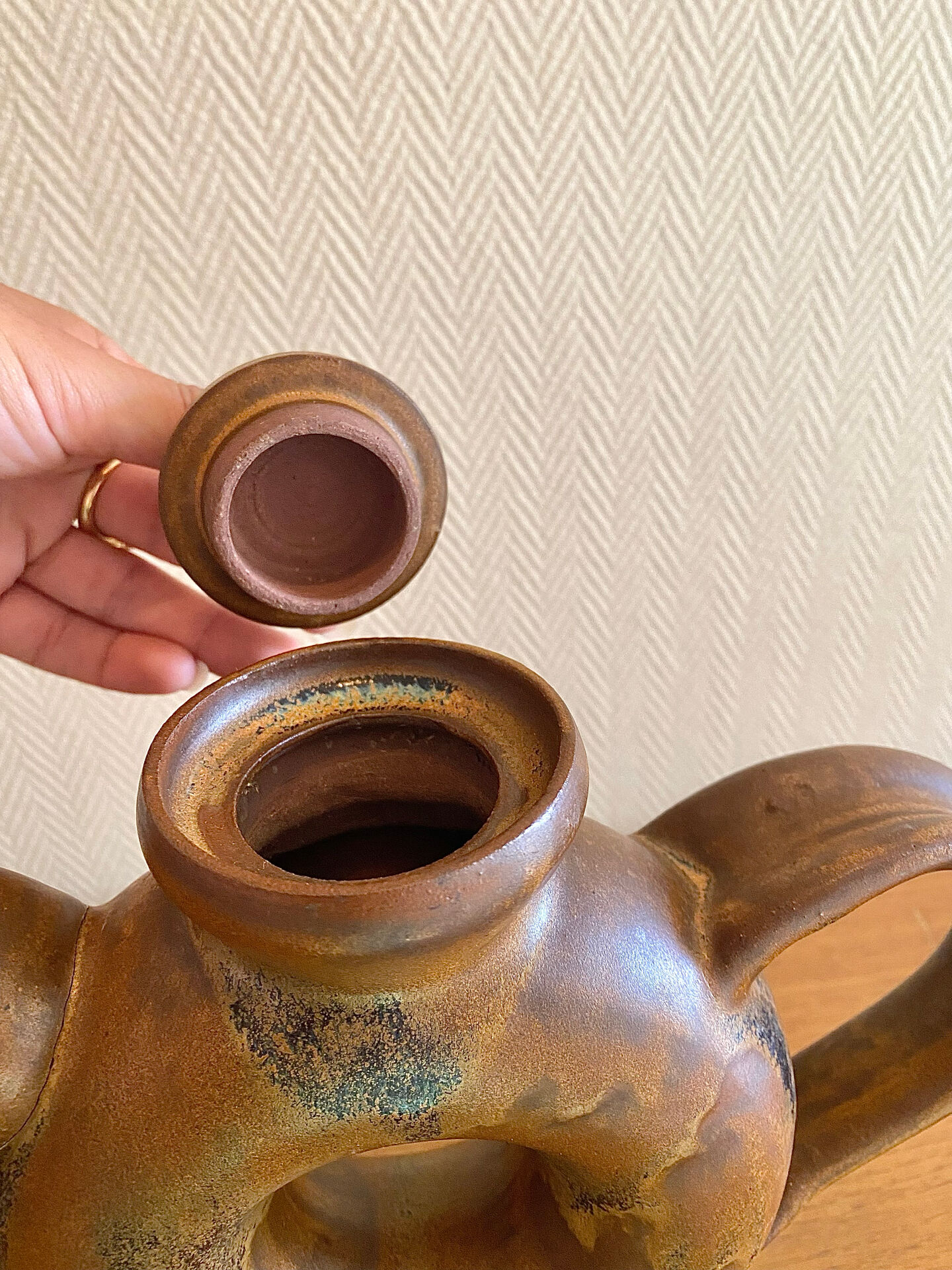 Glazed stoneware sculptural teapot signed