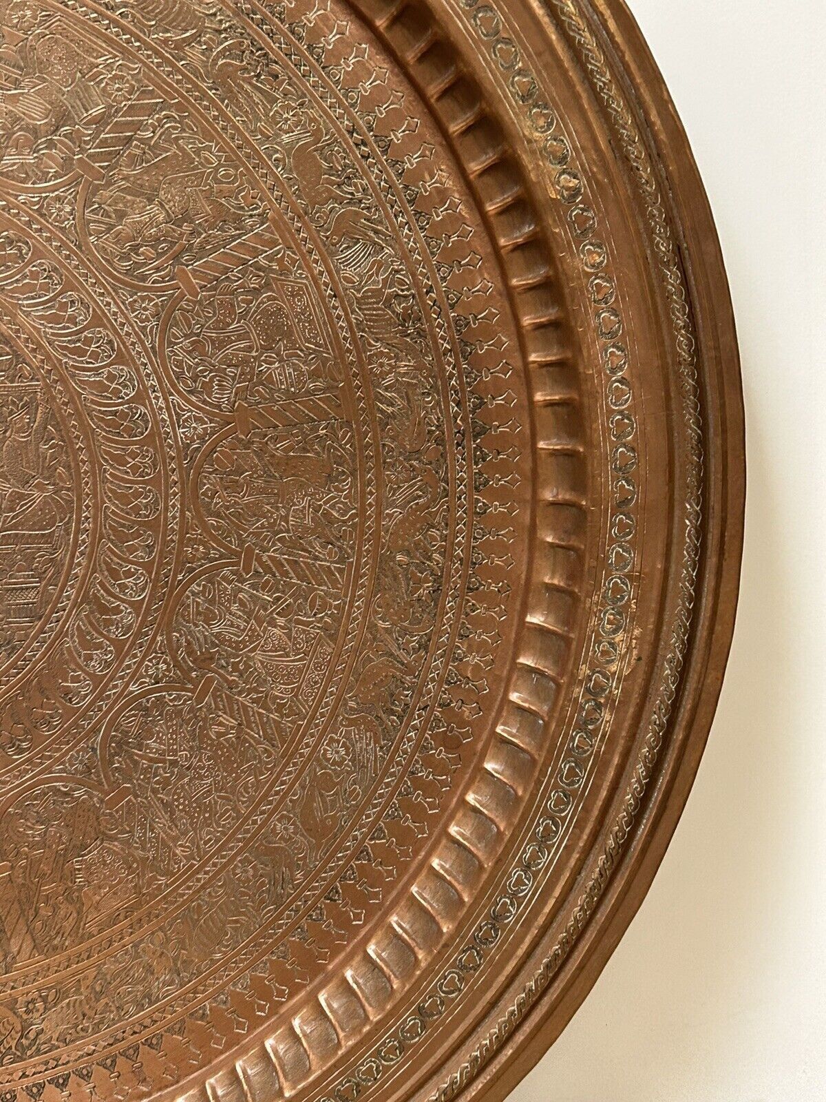 Large ancient copper tray, engraved Persia, offering scenes, vintage ethnic