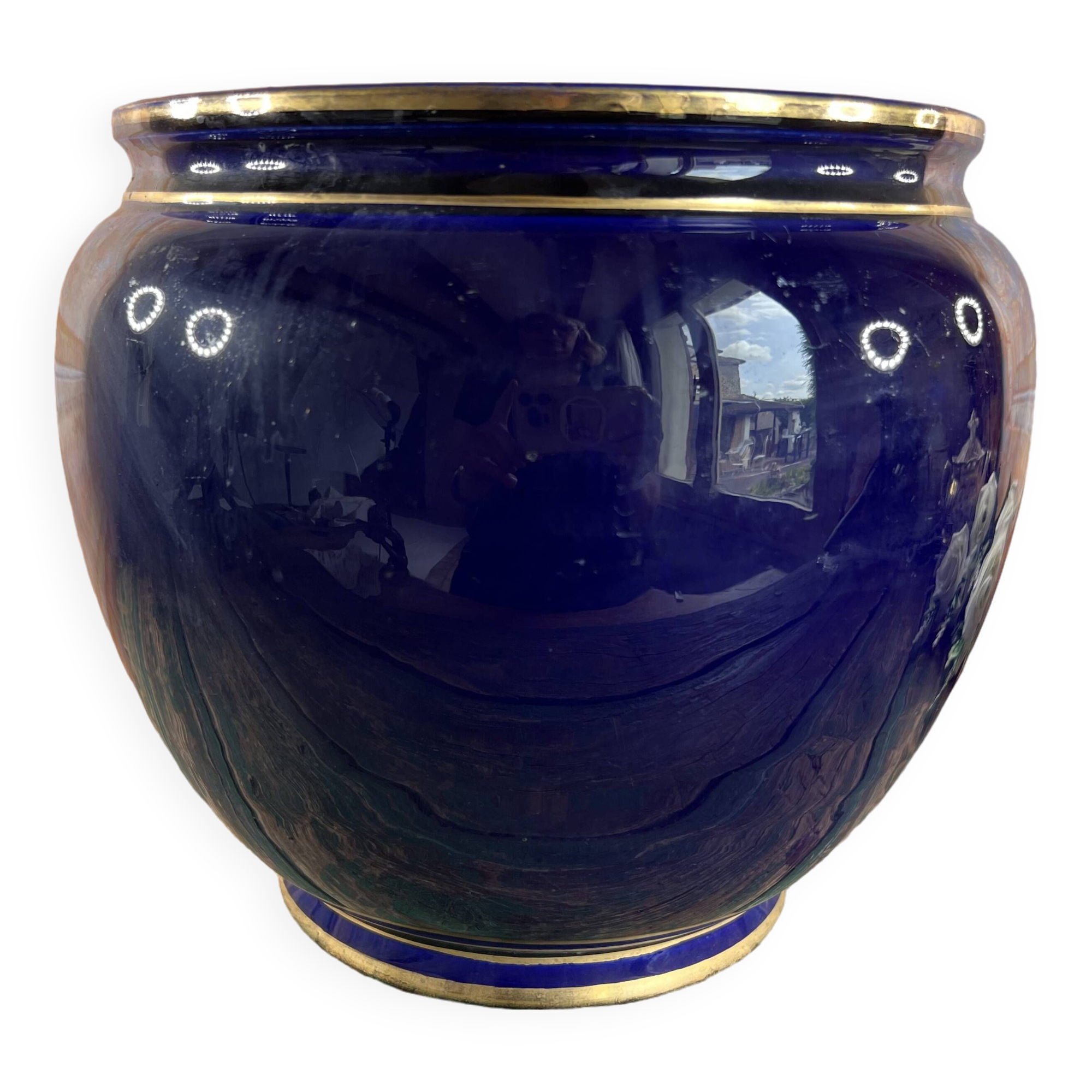Large round old blue planter Luneville