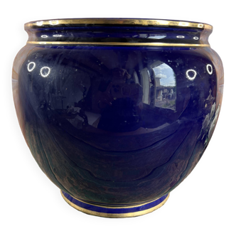 Large round old blue planter Luneville