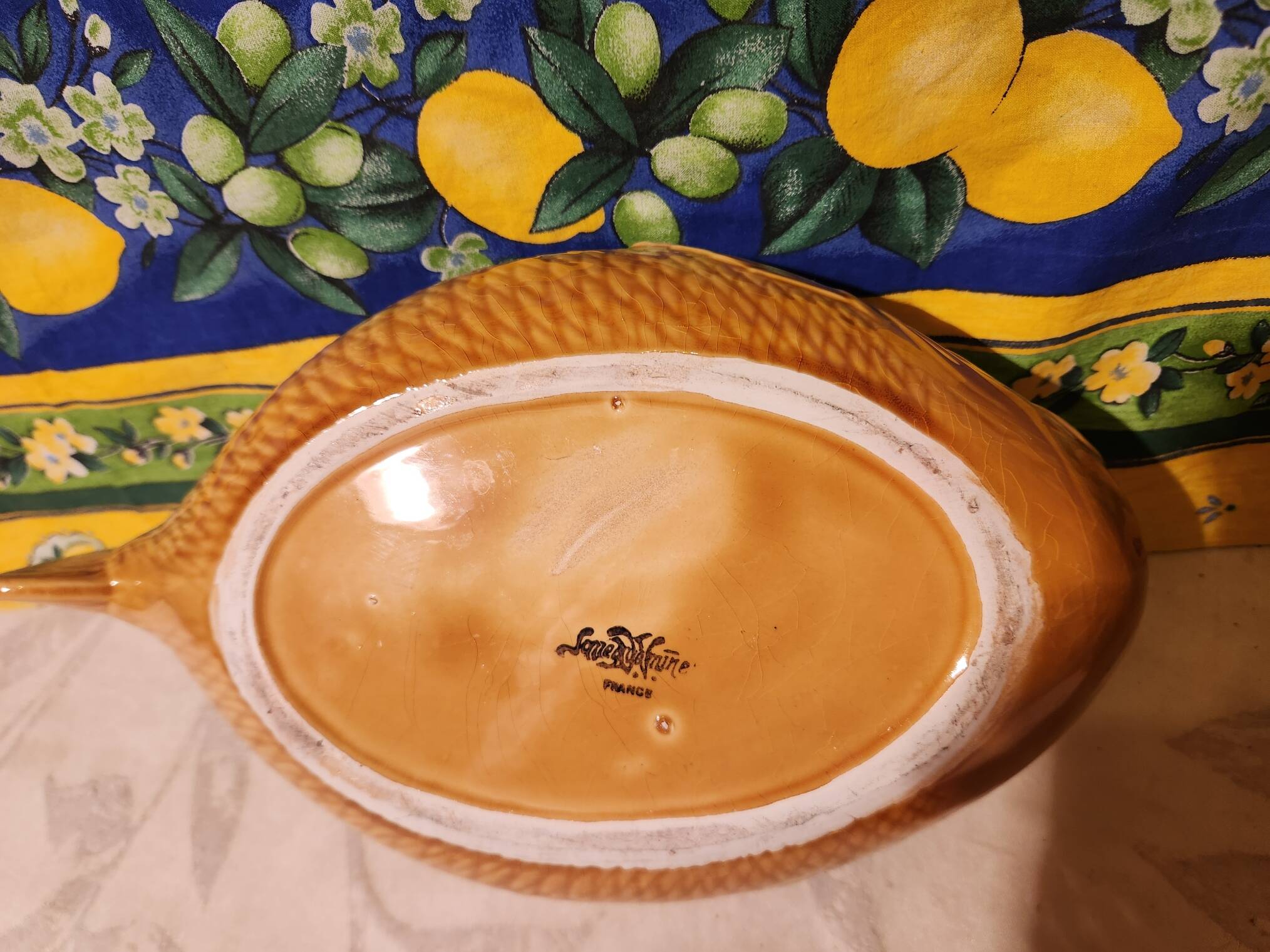 Bouillabaisse tureen fish Sarreguemines France yellow ceramic