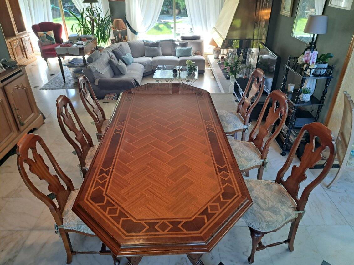 Dining table marquetry Naples with 6 chairs - Impeccable condition
