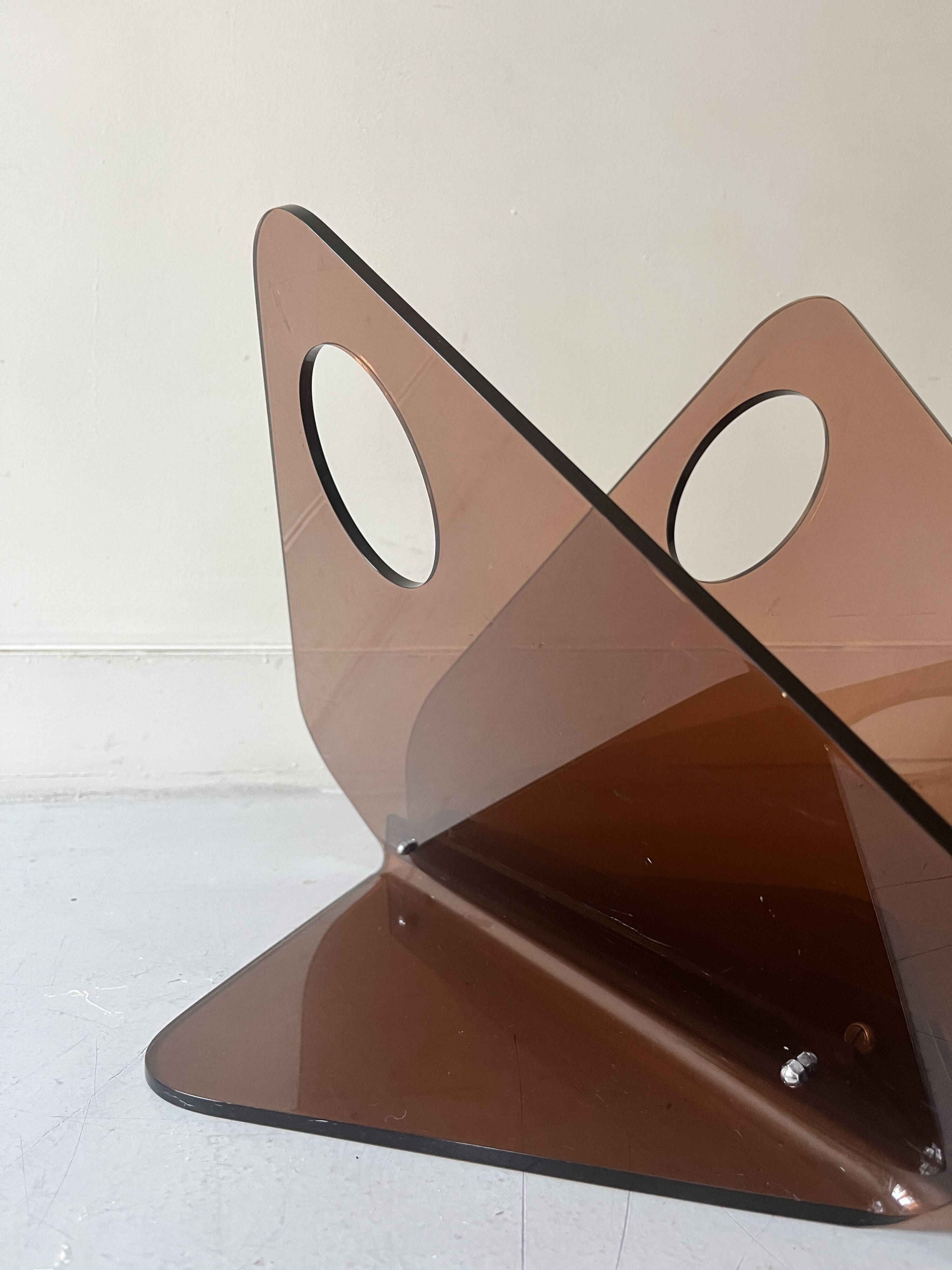 magazine holder in smoked plexiglass, design 1970