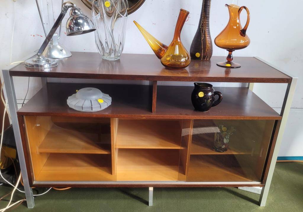 Hi-Fi cabinet in wood, brushed aluminum, smoked glass - 1970s