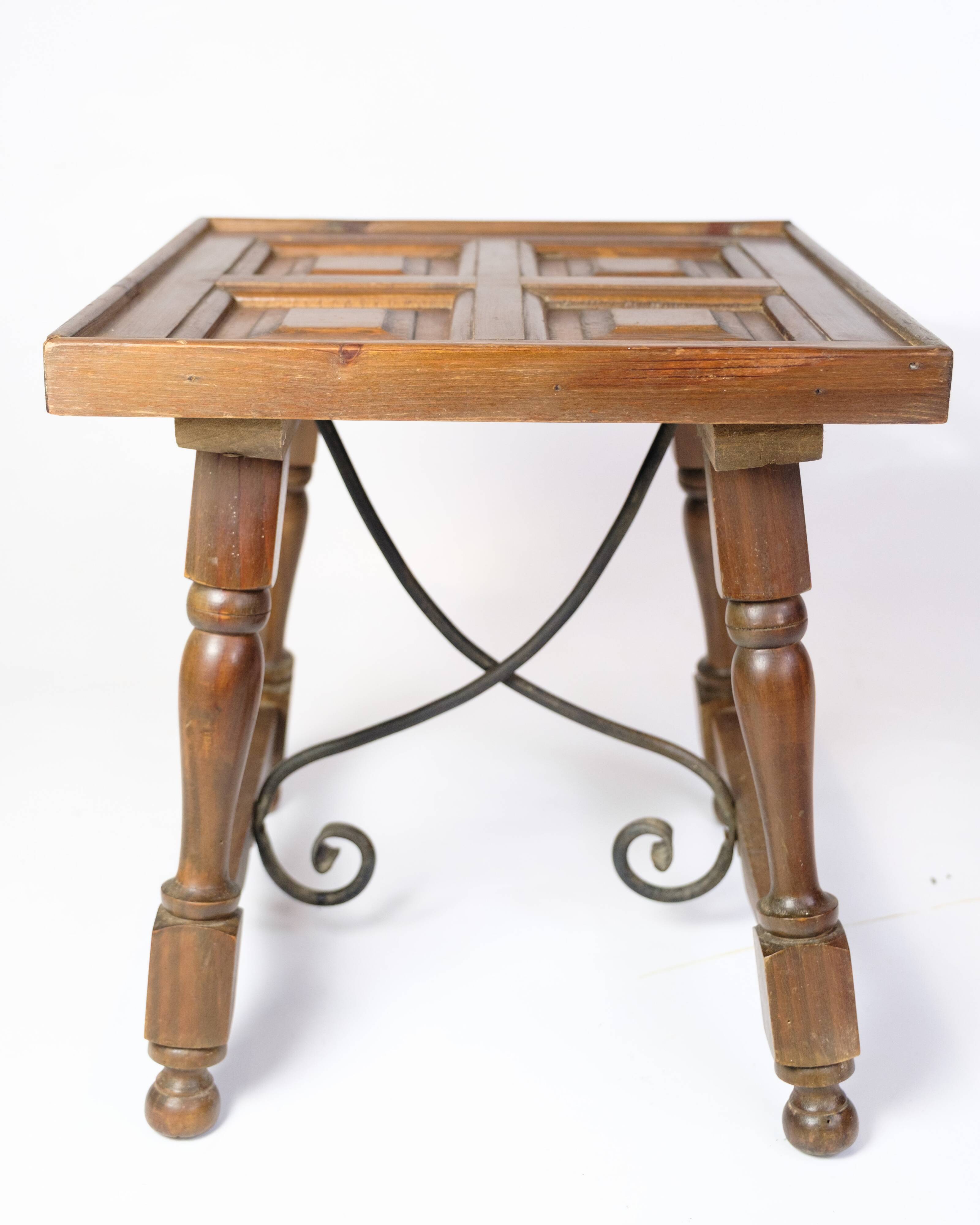 Side Table Made In Dark Wood With Turned Legs & Metal Struts From 1930s