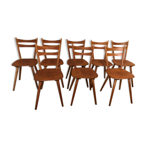 Lot de 8 chaises en hêtre et pieds compas 1960