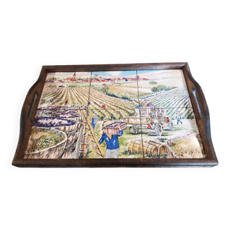 Painted wood and tile serving tray