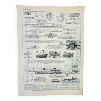Old engraving 1898, Submarine, submersible, navy • Original and vintage lithograph