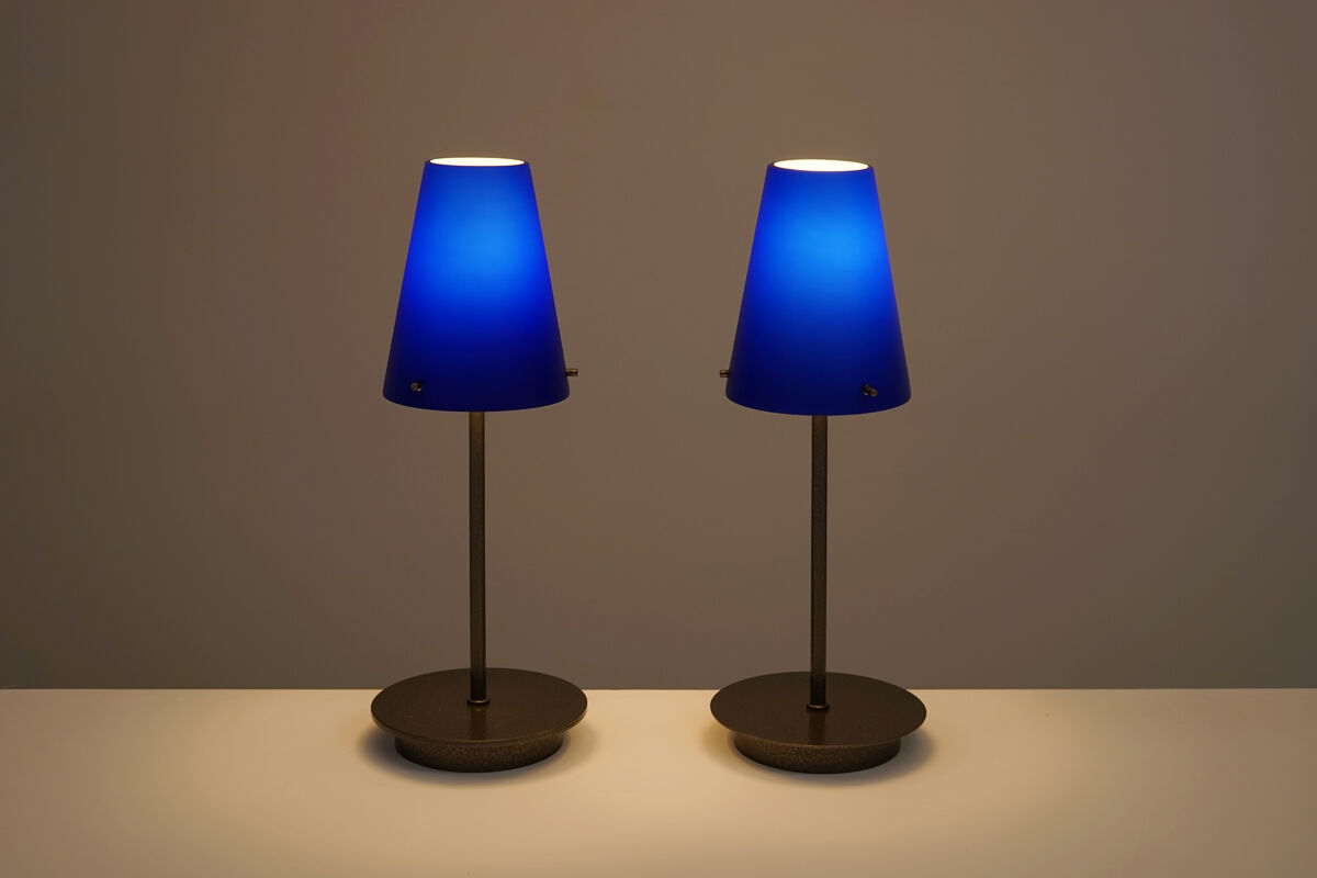 Pair of postmodern lamps in glass and metal circa 1980