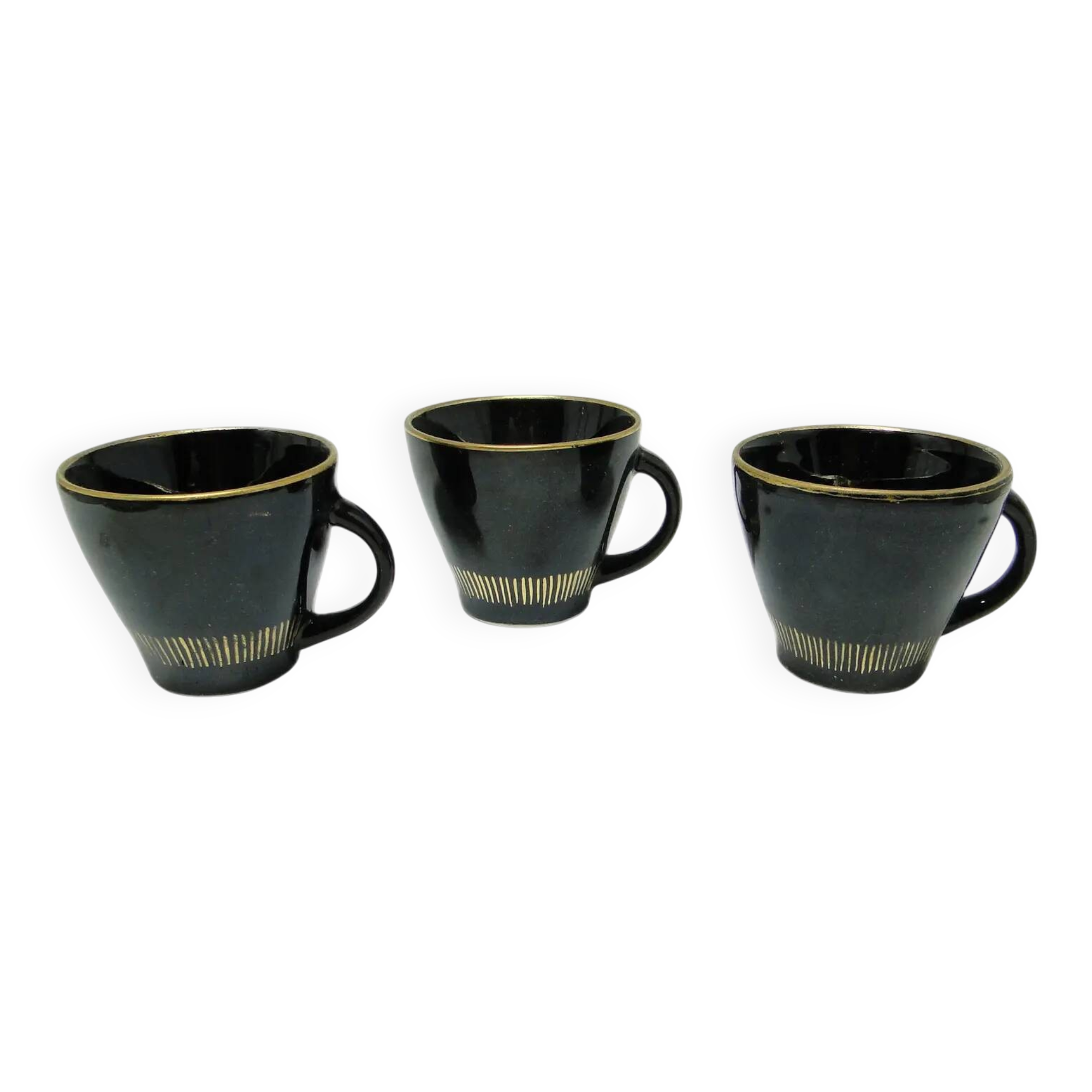 Set of three cups, mid-century modern, black ceramic, Poland, 1970s