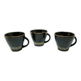 Set of three cups, mid-century modern, black ceramic, Poland, 1970s