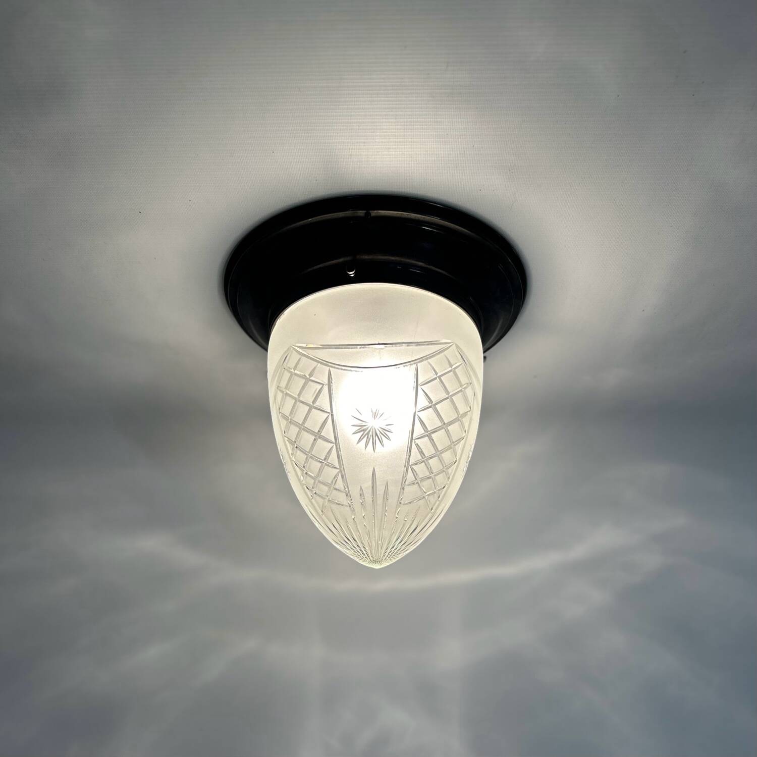 Large art deco ceiling lamp with brass base and cut glass, 1930s