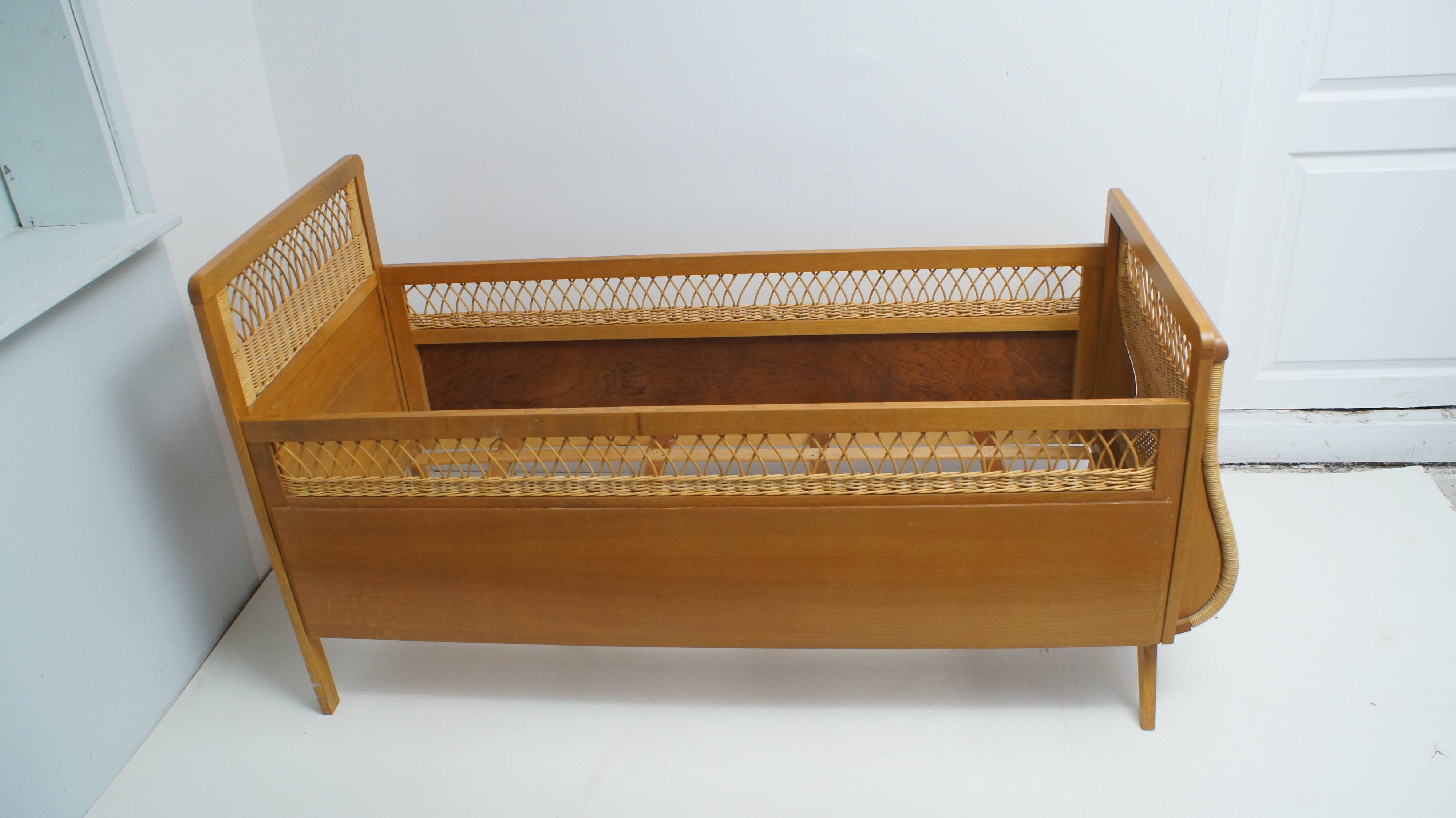1960s oak and wicker baby bed