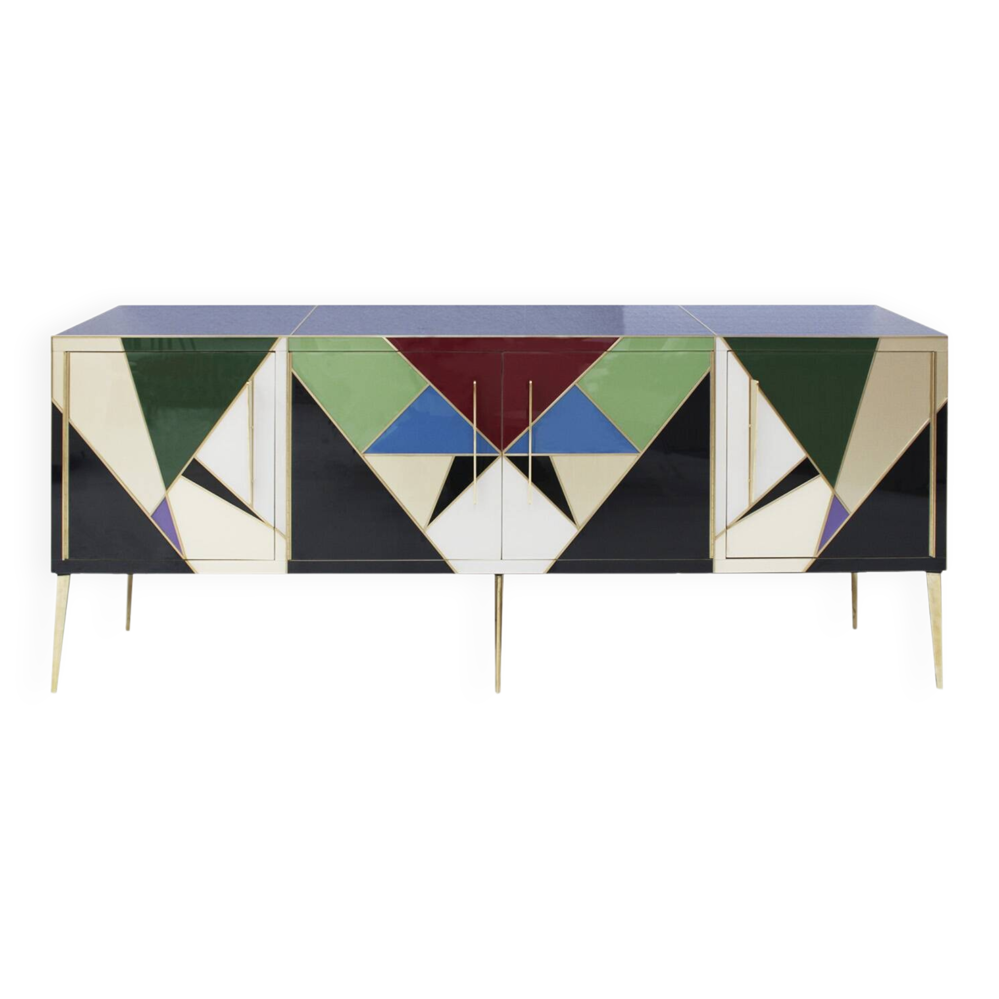 Mid-Century Style Italian Sideboard Made of Wood Brass and Colored Glass