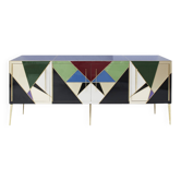 Mid-Century Style Italian Sideboard Made of Wood Brass and Colored Glass